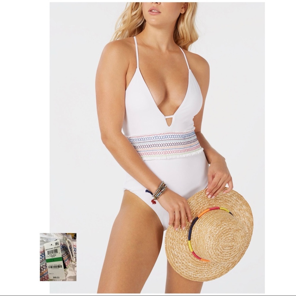 BAR III NWT White Smocked Plunging Swimsuit